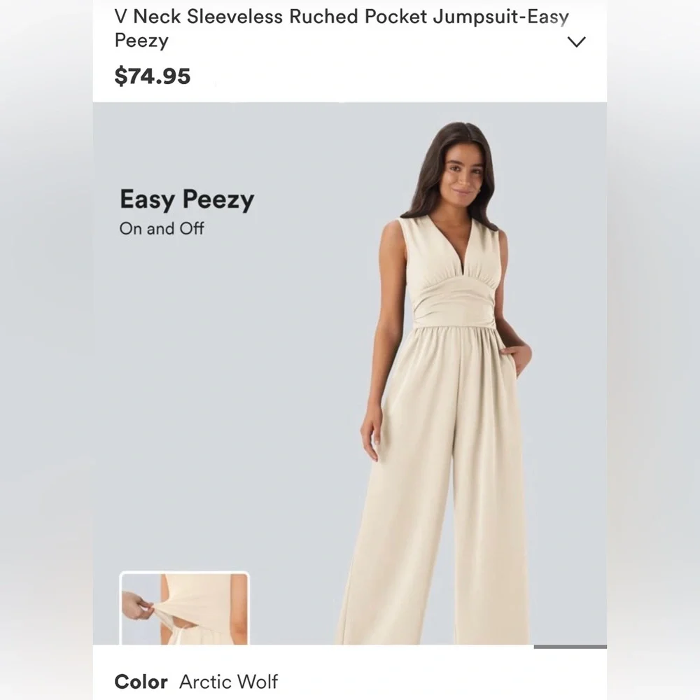 Halara V Neck Sleeveless Ruched Pocket Jumpsuit Easy Peezy size medium NWOT - Picture 2 of 14